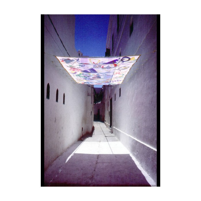 Installation in Morocco, 'Shadow Canopy', paper & silk cloth, 5 ft x 12 ft